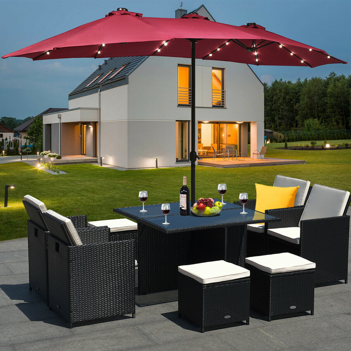 Extra Large LED Patio Double-Sided Umbrella Crank Parasol-Wine