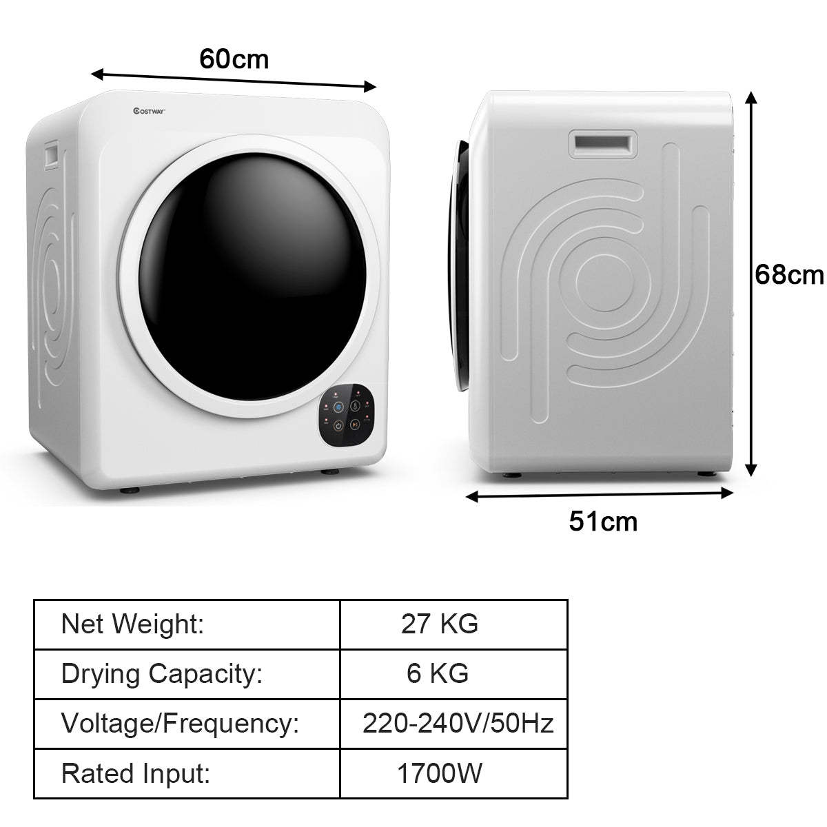 1700W Electric Tumble Laundry Dryer Stainless Steel Tub 6 kg/91L-White