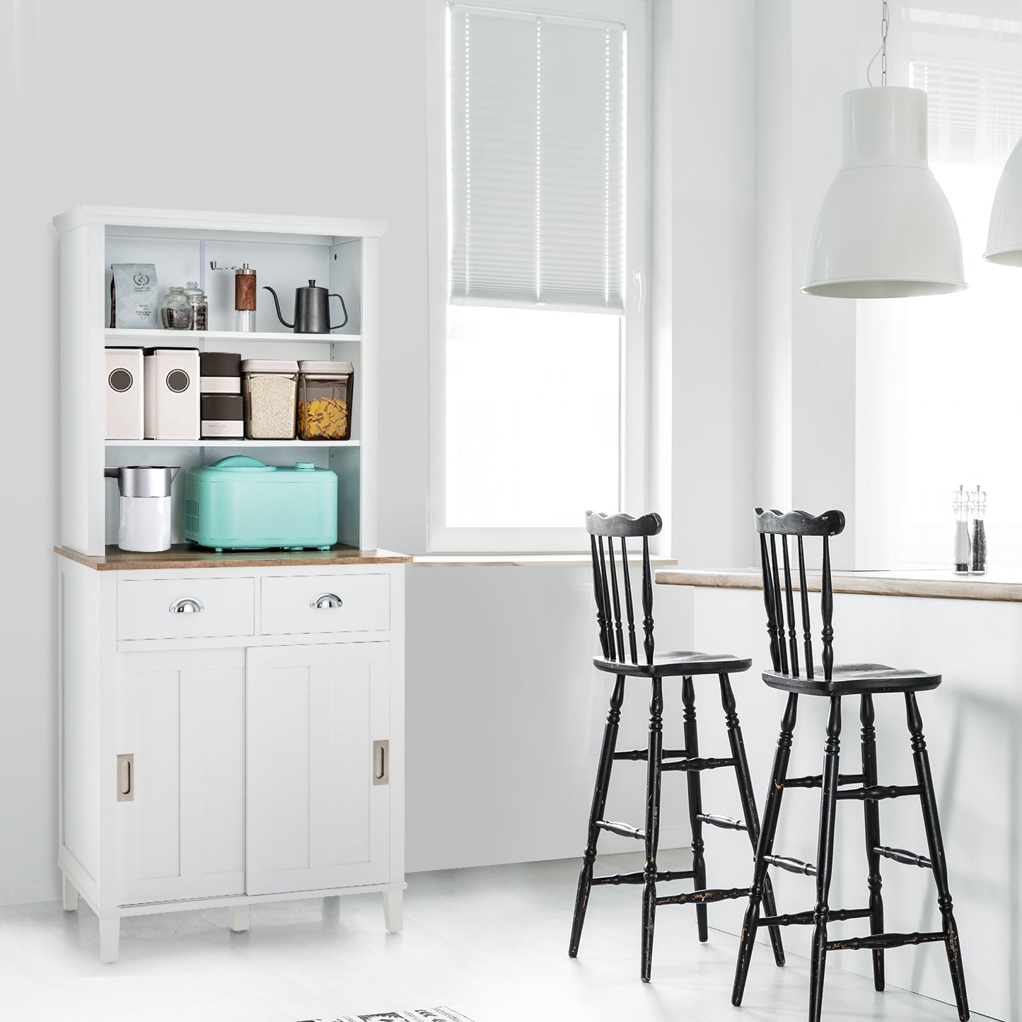 170 CM Freestanding Buffet with Hutch and Adjustable Shelves-White