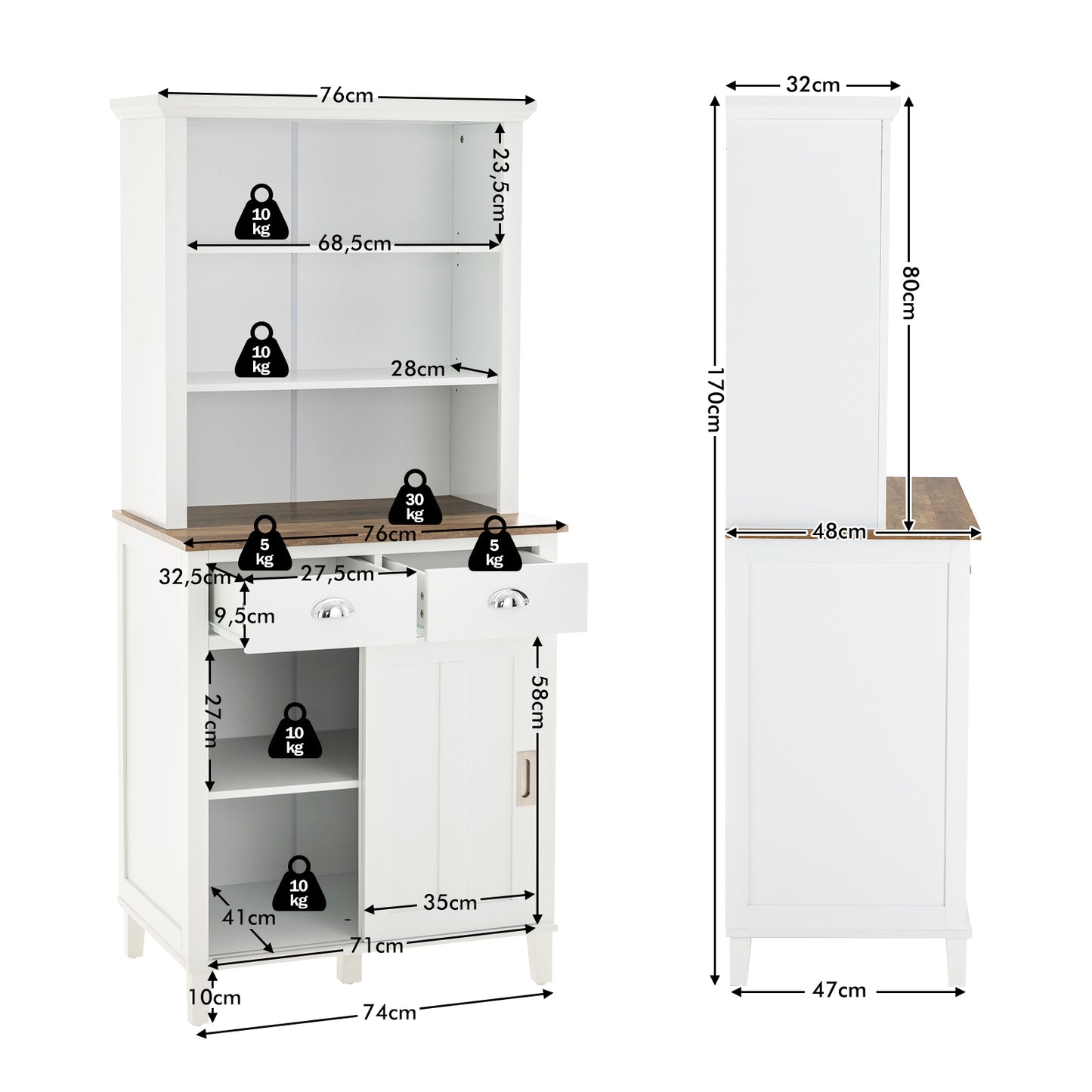 170 CM Freestanding Buffet with Hutch and Adjustable Shelves-White