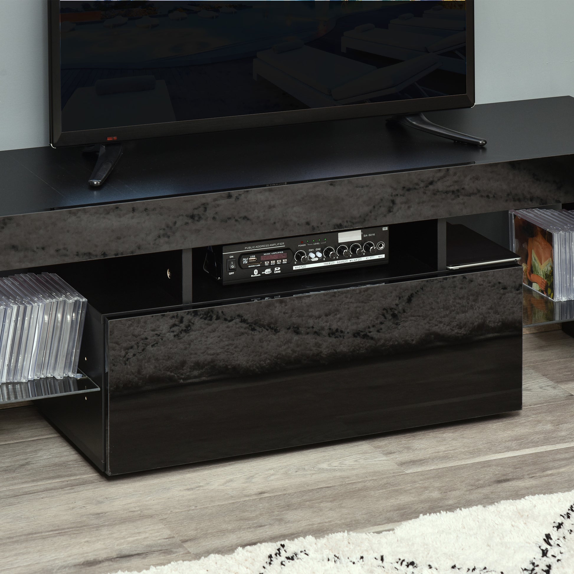 HOMCOM High Gloss TV Stand Cabinet with LED RGB Lights and Remote Control for 43"/50"/55" TV, Media TV Console Table with Storage Drawer and Shelf