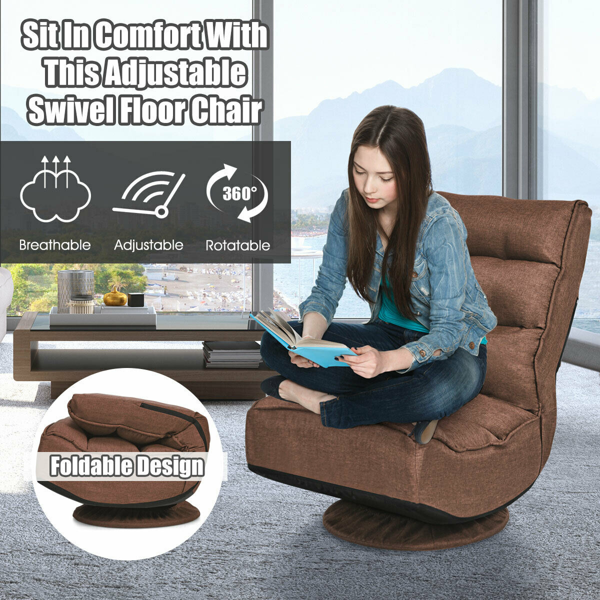 Folding Sofa Lazy Lounge Floor Chair Adjustable 360°-Coffee