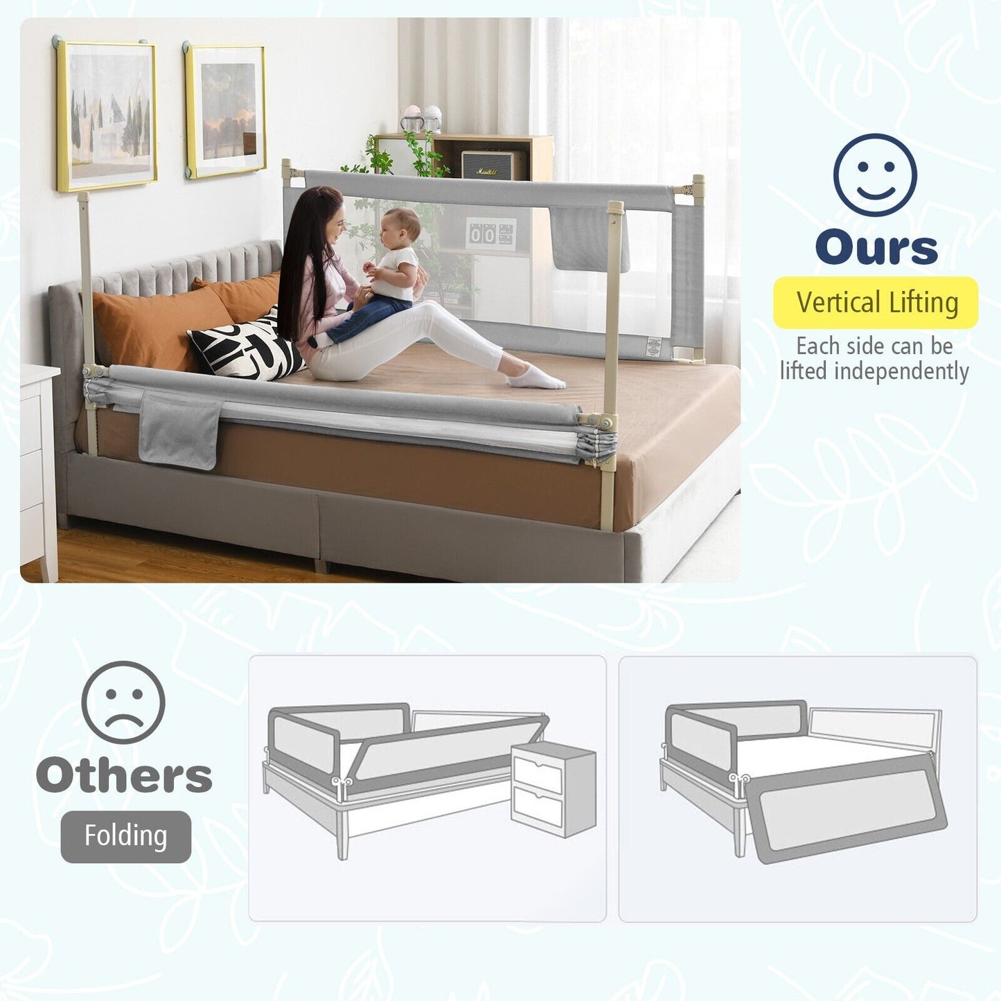 175 cm Infant Safety Bed Guardrail with Anti-Collision Cotton and Side Pocket-Grey