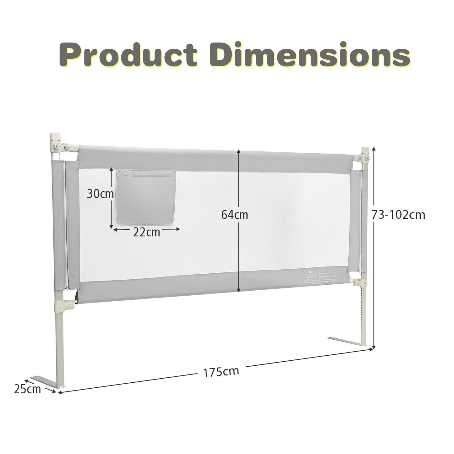 175 cm Infant Safety Bed Guardrail with Anti-Collision Cotton and Side Pocket-Grey