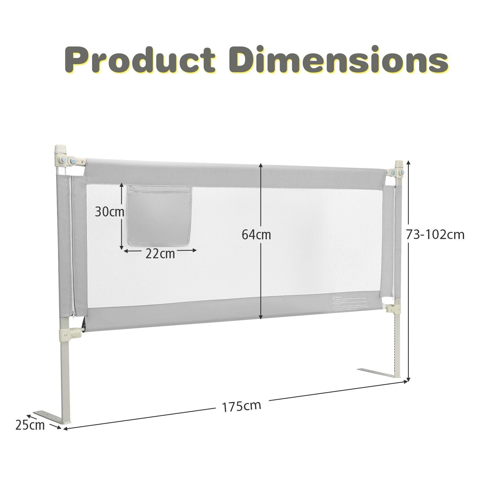 175 cm Infant Safety Bed Guardrail with Anti-Collision Cotton and Side Pocket-Grey
