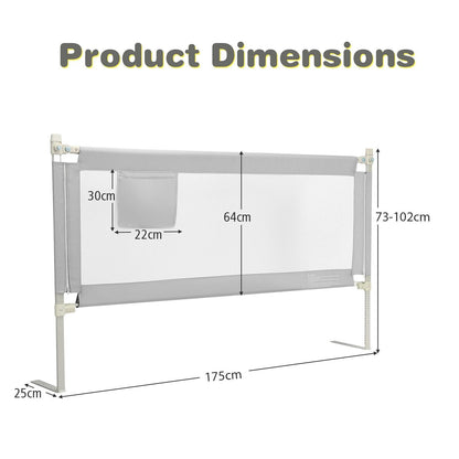 175 cm Infant Safety Bed Guardrail with Anti-Collision Cotton and Side Pocket-Grey