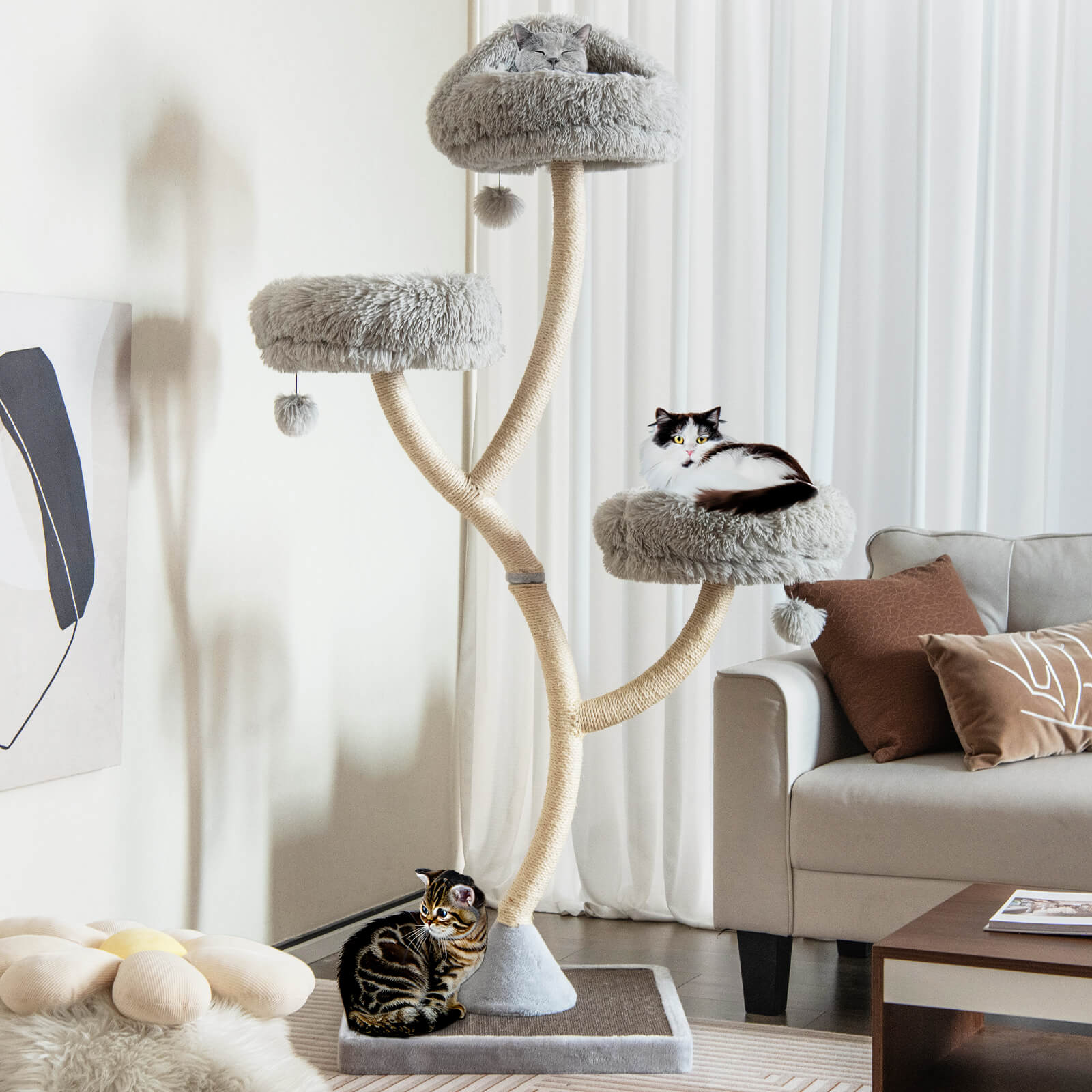 178 cm Tall Cat Tree 4-Layer Cat Tower with 3 Warm Perches-Grey