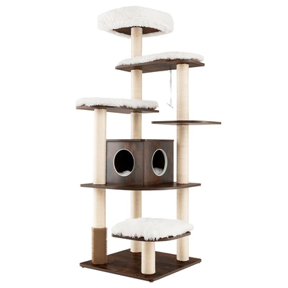 179 cm Tall Wooden Cat Tree with Sisal Scratching Posts-Brown