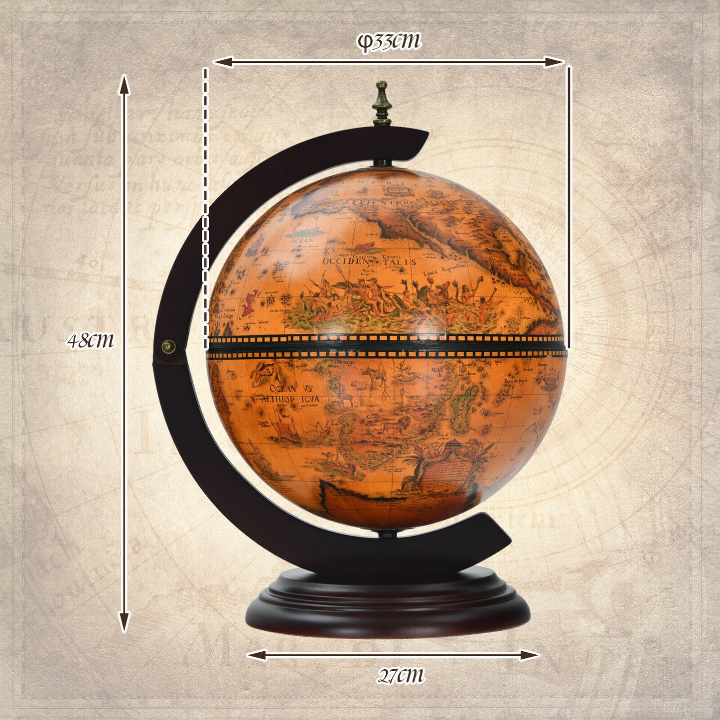 Tabletop Retro Globe Bar with Map Patterns-Coffee