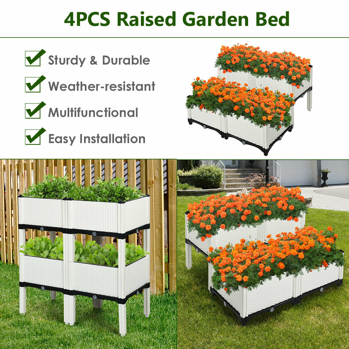 Set of 4 Raised Garden Bed with Self-Watering Disks for Planting-White
