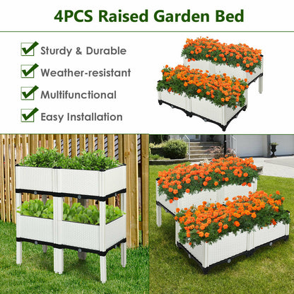 Set of 4 Raised Garden Bed with Self-Watering Disks for Planting-White