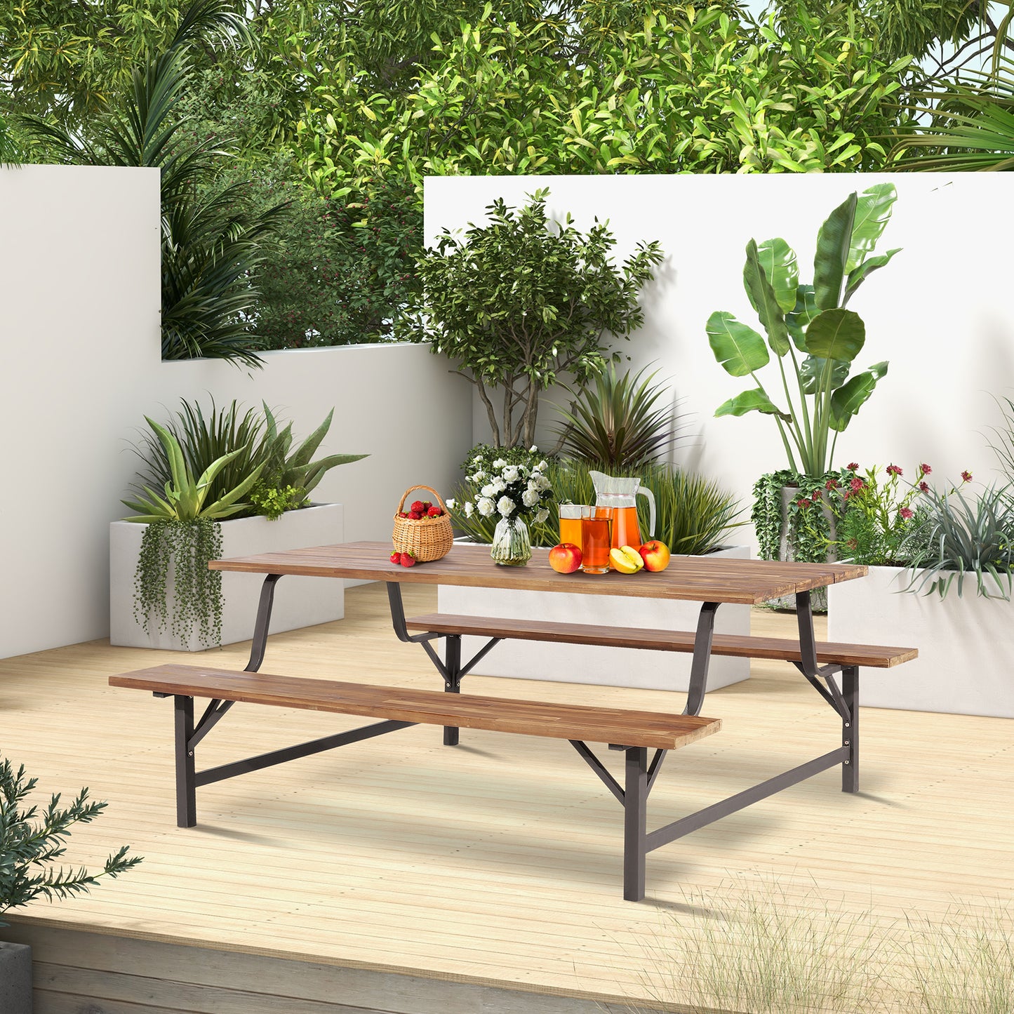 180cm Patio Picnic Table Bench Set with Acacia Wood Tabletop and Seat