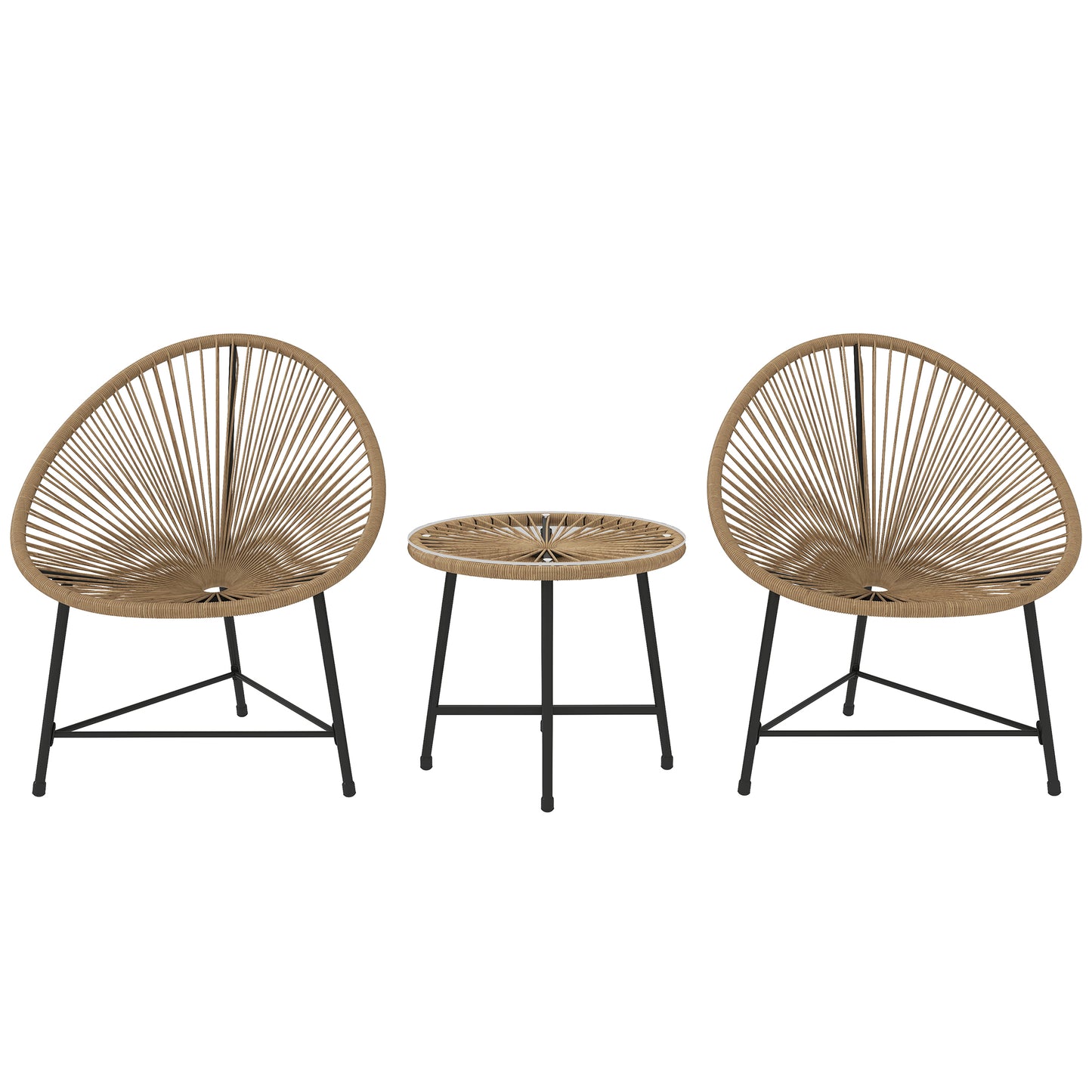 Outsunny 3 Pieces Rattan Bistro Set, Garden Bistro Set with Acapulco Chairs and Glass Top Table, Small Garden Furniture Set with Reinforced Metal Frame for Outdoor, Patio, Balcony, Natural