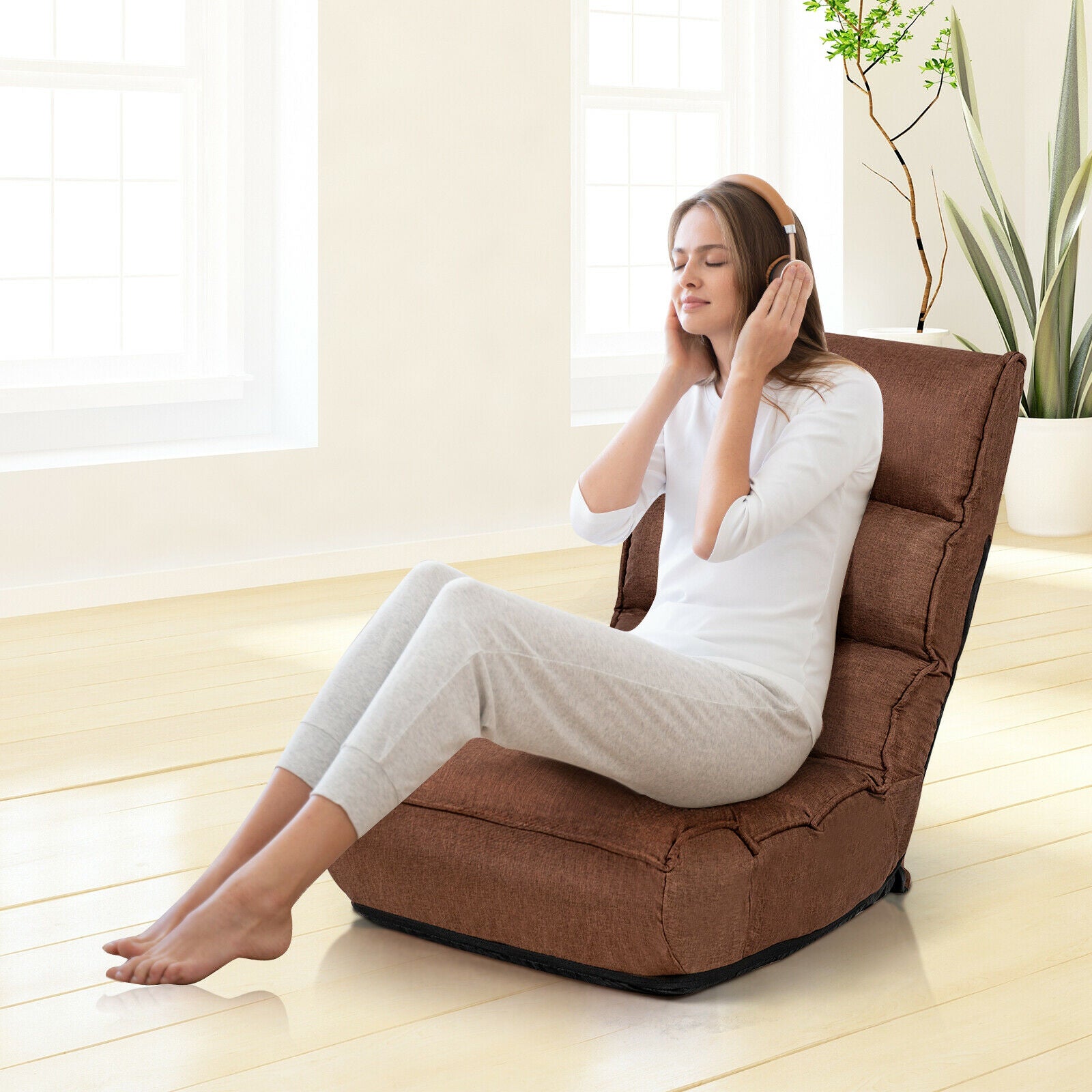 Folding Lazy Floor Chair with 5-Position Adjustable Head and Side Pocket-Coffee