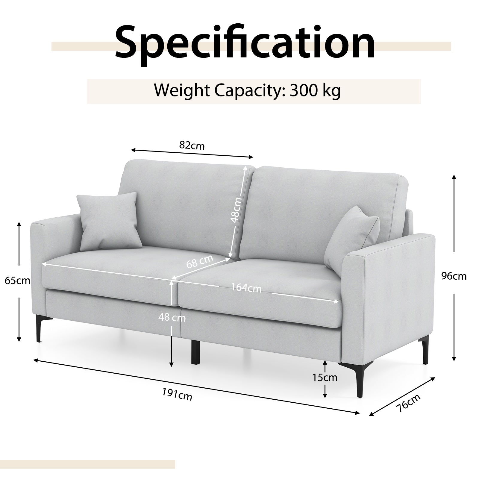 191cm Wide Upholstered Loveseat Sofa with Armrest and Pillows-Grey