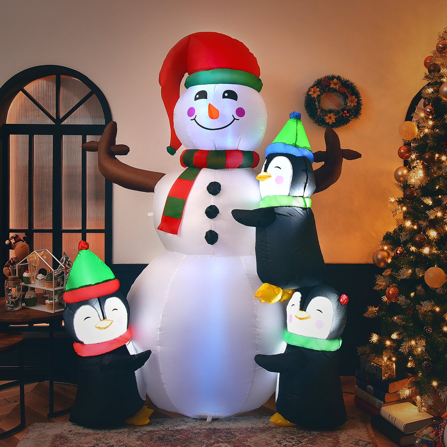 195CM Christmas Inflatable Snowman with Penguins and Lights