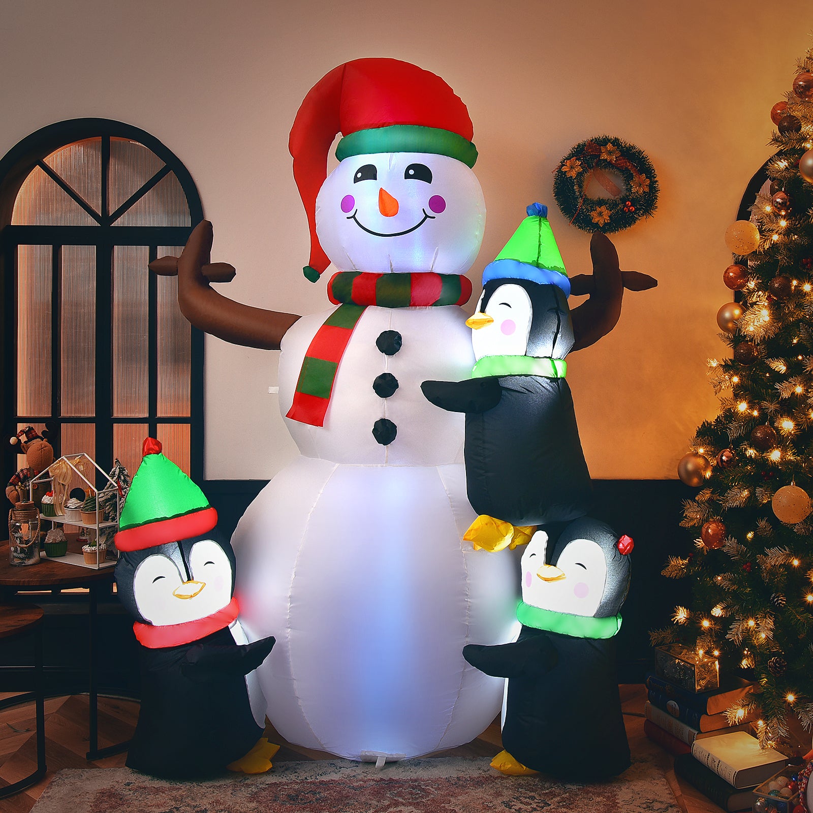 195CM Christmas Inflatable Snowman with Penguins and Lights