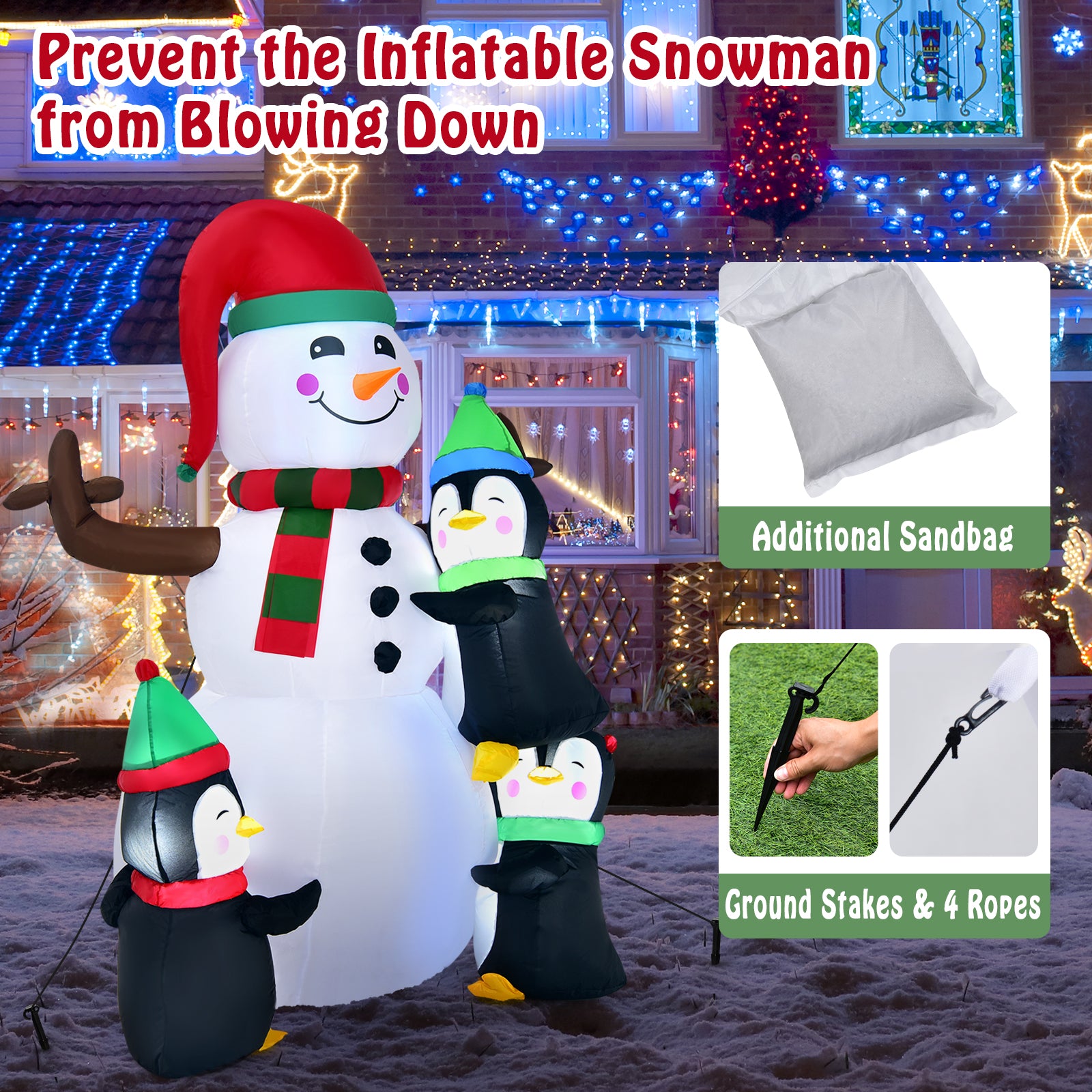 195CM Christmas Inflatable Snowman with Penguins and Lights