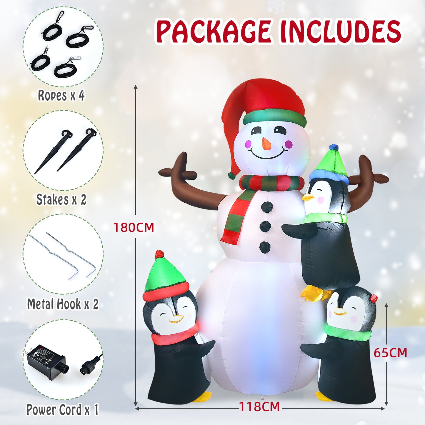 195CM Christmas Inflatable Snowman with Penguins and Lights