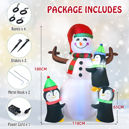 195CM Christmas Inflatable Snowman with Penguins and Lights