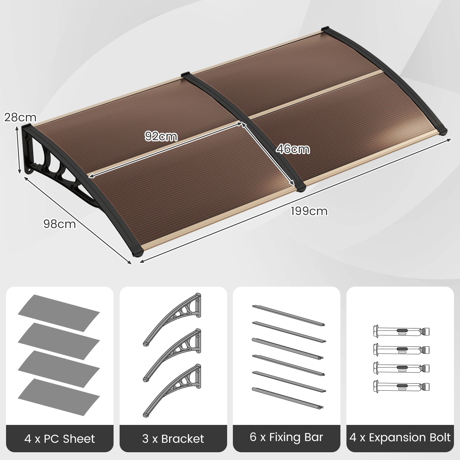 199 x 98 CM Window Door Awning Canopy-Brown