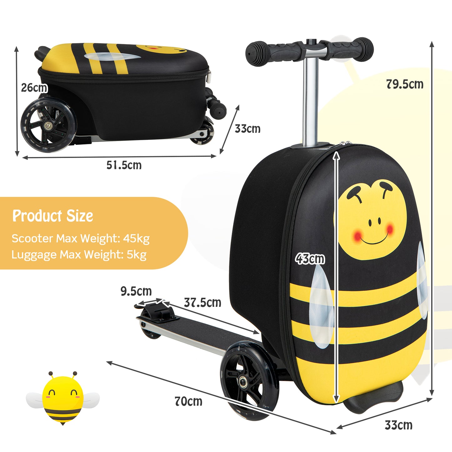 2-in-1 Folding Kids Scooter with Suitcase and 3 Color Lighted Wheels-Yellow