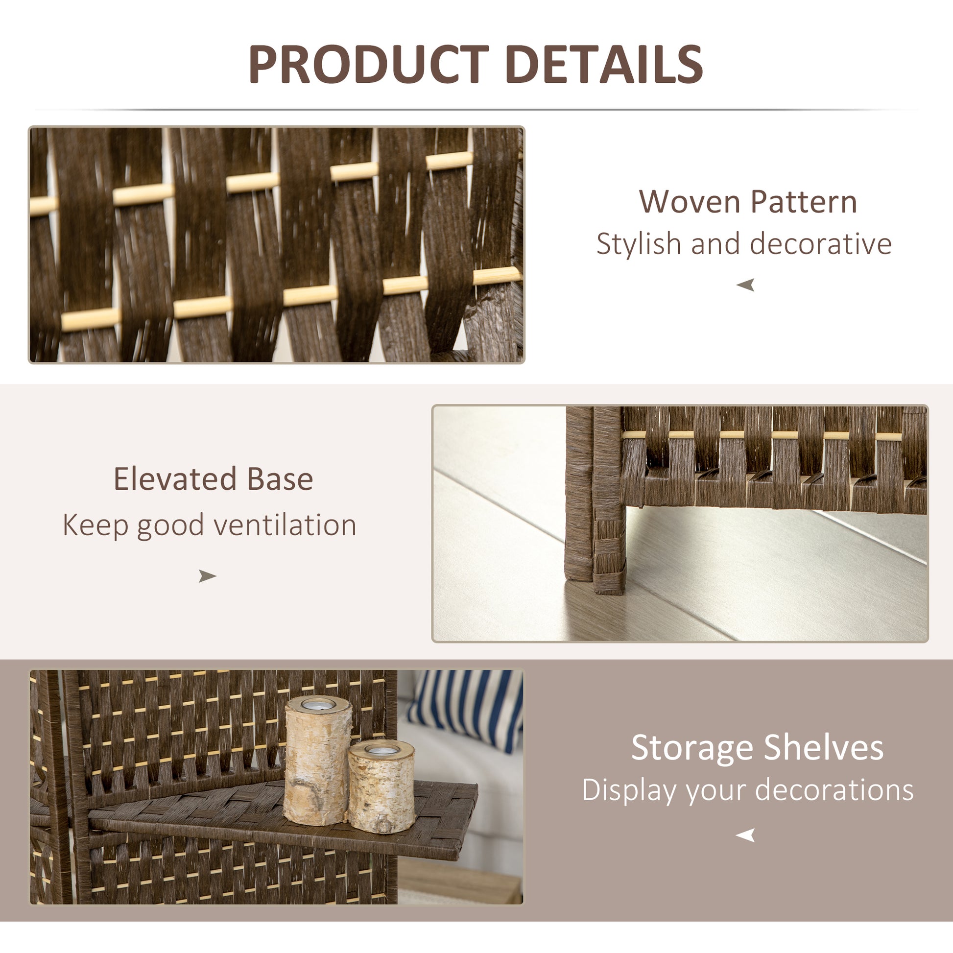 HOMCOM 4-Panel Room Dividers with Shelves, Wave Fibre Freestanding Folding Privacy Screen Panels, Partition Wall Divider for Indoor Bedroom Brown