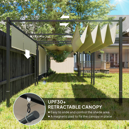 Outsunny 3 x 4m Metal Pergola with Retractable Roof and Roller Shade, Wall-Mounted or Free Standing Garden Gazebo Canopy Pergola Kit, UPF30+ Outdoor Sun Shade Shelter, Beige