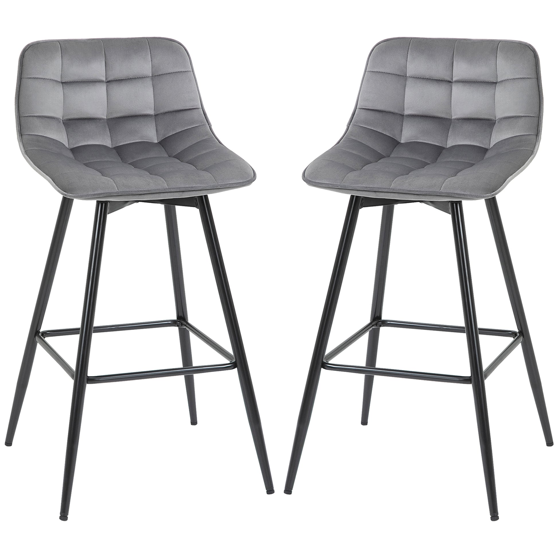 HOMCOM Set of 2 Bar stools With Backs Velvet-Touch Dining Chairs Kitchen Counter Chairs  Fabric Upholstered seat with Metal Legs, Backrest, Grey