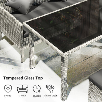 Outsunny tsunny 6-Seater Rattan Dining Set Sofa Table Footstool Outdoor w/ Cushion Garden Furniture, Dark Grey
