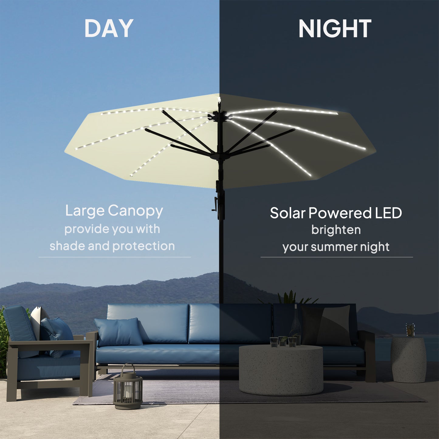 Outsunny 3(m) Cantilever Garden Parasol with Solar Powered Lights, Crank Handle & Cross Base, UPF 50+, 360° Rotation, Cream