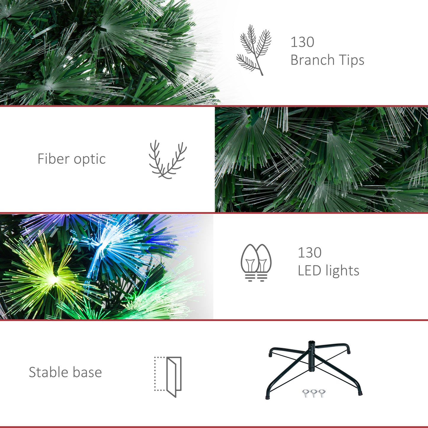 HOMCOM HOMCM 1.2m Tall Artificial Tree Fiber Optic Colorful LED Pre-Lit Holiday Home Christmas Decoration with Flash Mode, Green