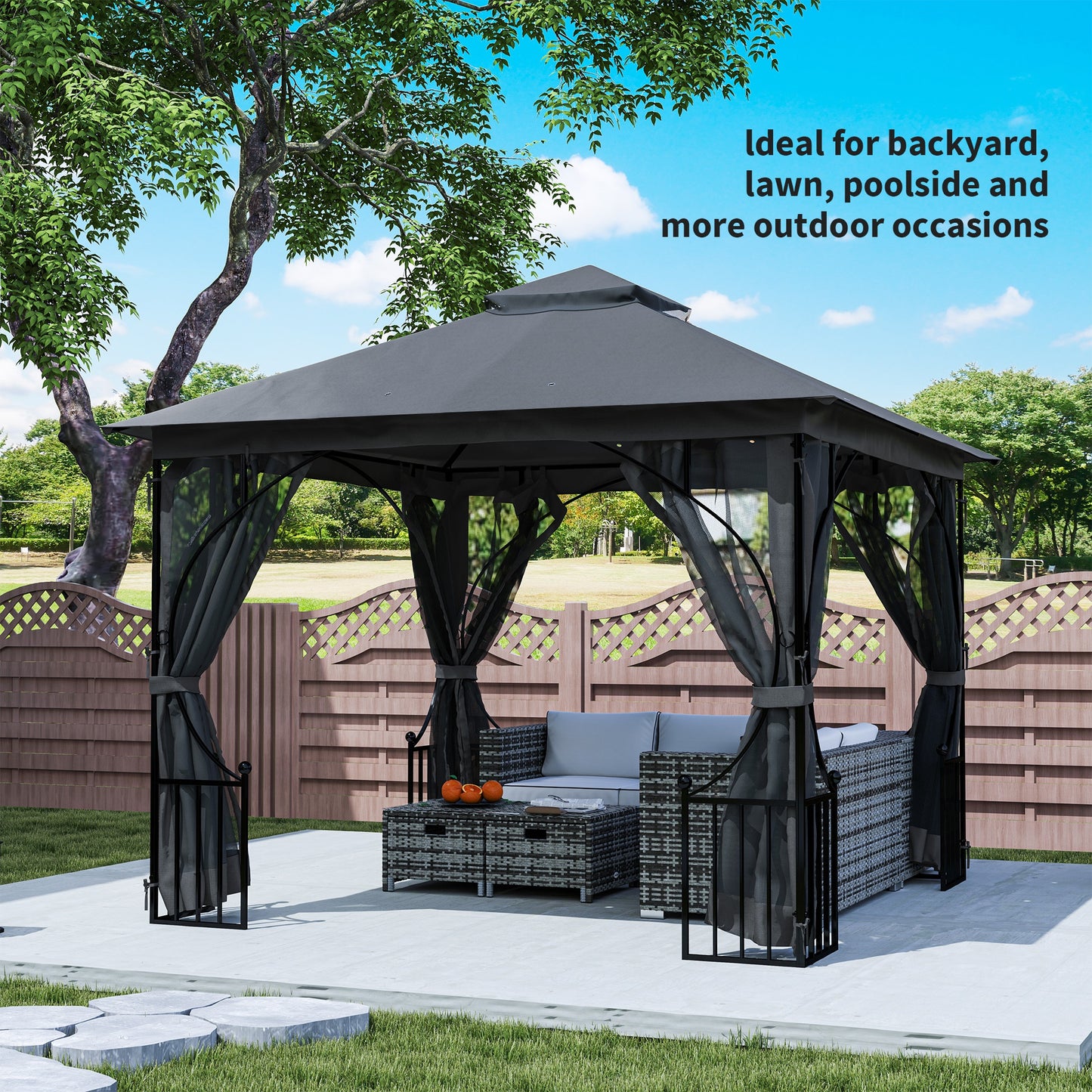 Outsunny 3 x 3(m) Garden Gazebo Patio Party Tent Shelter Outdoor Canopy Double Tier Sun Shade with Metal Frame and Netting, Dark Grey