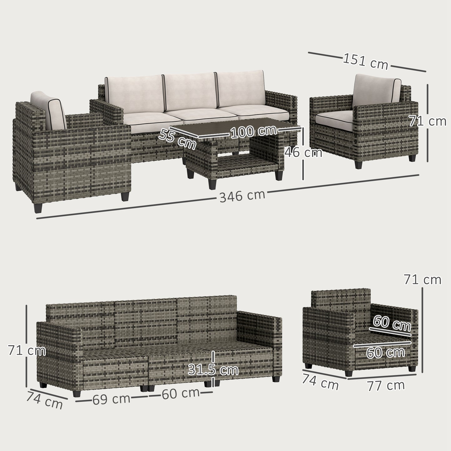 Outsunny Six-Piece Modular Rattan Sofa Set - Light Grey