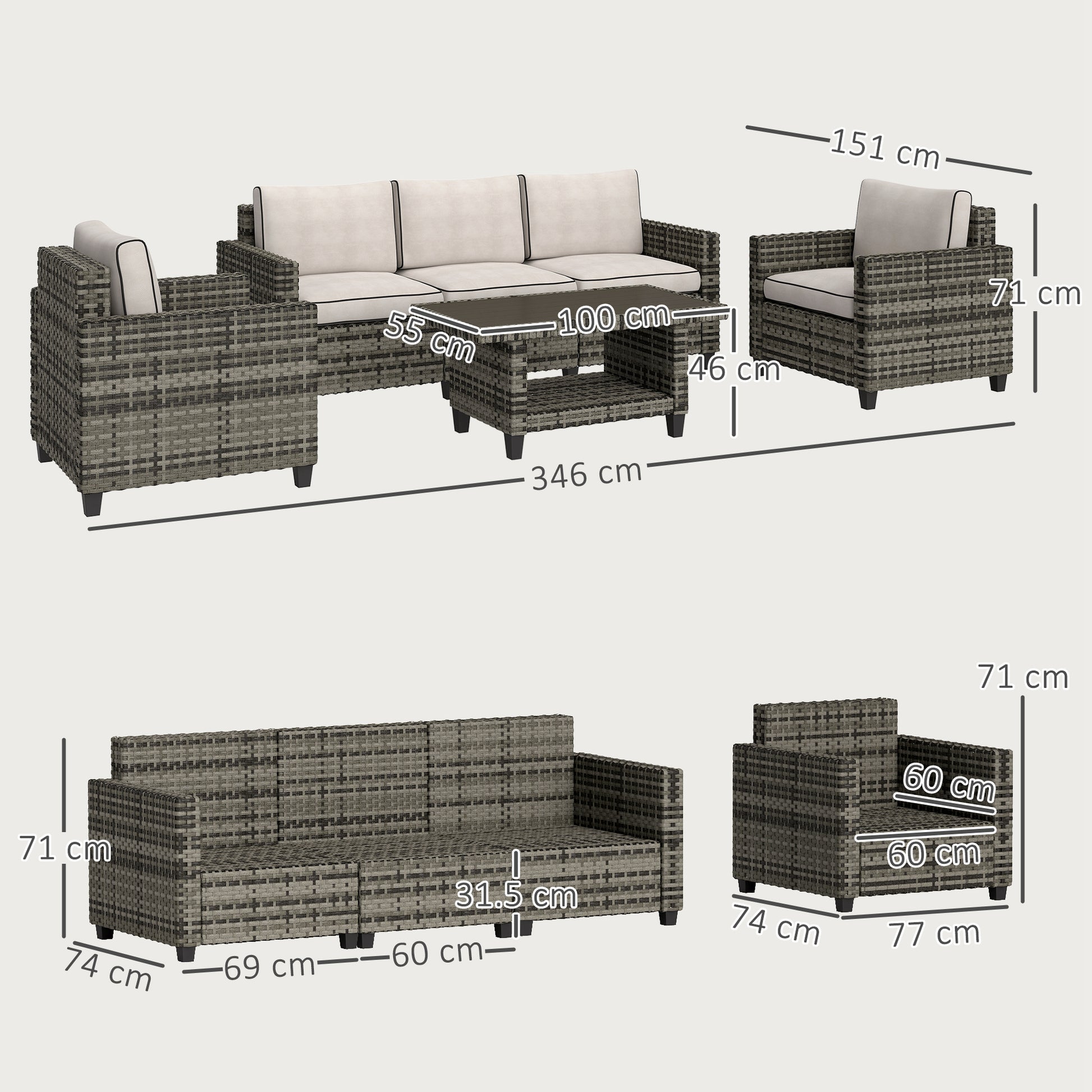 Outsunny Six-Piece Modular Rattan Sofa Set - Light Grey
