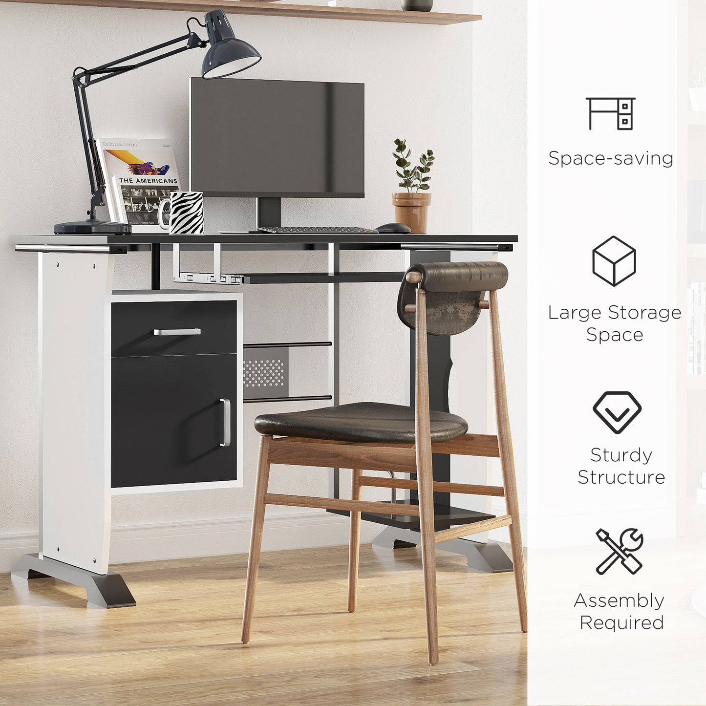 HOMCOM Computer Desk with Sliding Keyboard Tray Storage Drawers and Host Box Shelf Home Office Workstation (Black)