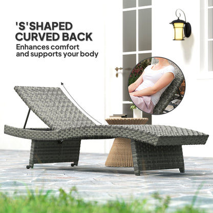 Outsunny Outdoor PE Rattan Sun Lounger, Folding Wicker Garden Lounger Recliner with 4-Level Adjustable Backrest, Rolling Sunbed Lounge Chair with Wheels, Non-Slip Legs for Balcony, Beach, Mixed-grey