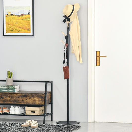 HOMCOM 174cm Free Standing Coat Rack Stand with 6 Hooks Clothes Tree Hat Display Hall Tree Hanger Hanging Organizer for Hallway Bedroom Room Black