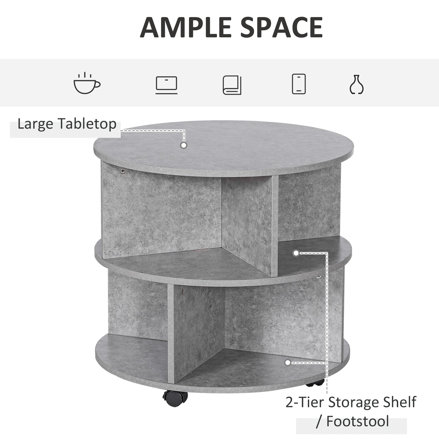 HOMCOM 2 Tier Round Side End Table Coffee Desk with Divided Shelves Tea Table Storage Unit Living Room Organiser with Wheels - Cement colour