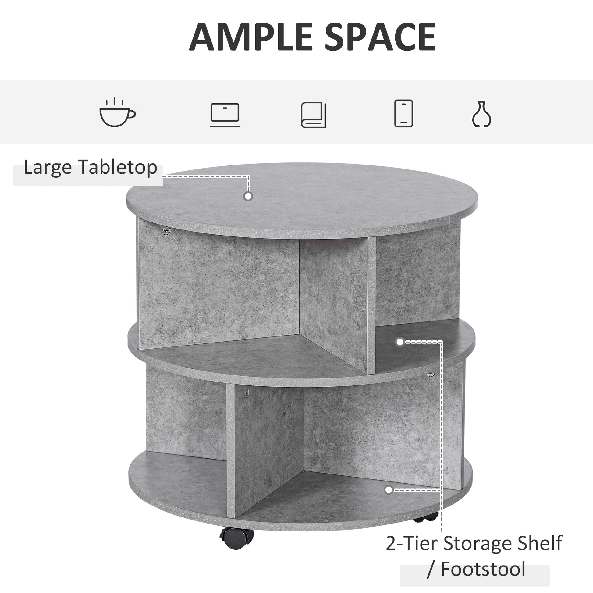 HOMCOM 2 Tier Round Side End Table Coffee Desk with Divided Shelves Tea Table Storage Unit Living Room Organiser with Wheels - Cement colour