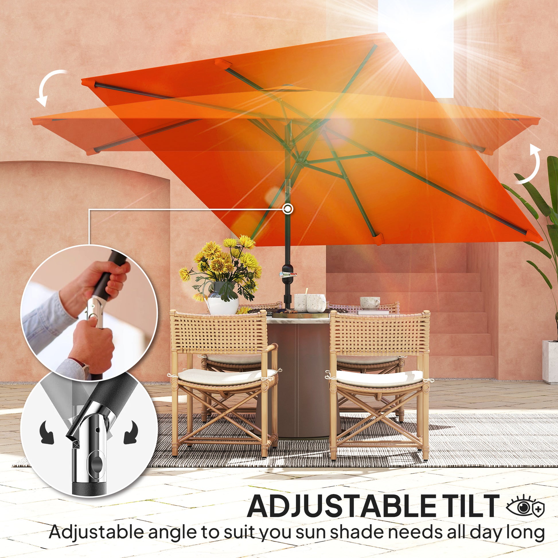 Outsunny 3x2m Patio Parasol Garden Umbrellas Canopy with Aluminium Tilt Crank Rectangular Sun Shade Steel, Orange