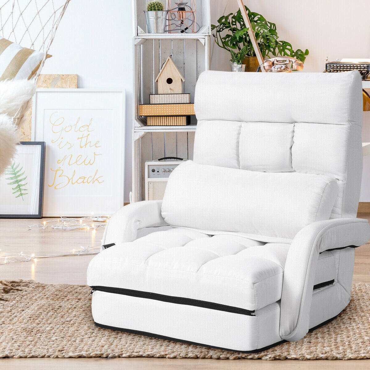 Adjustable Folding Floor Lazy Chair with Pillow-White