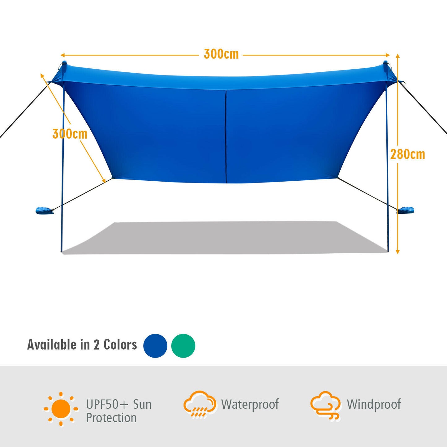 Portable Sunshade Canopy Waterproof Tent UPF 50 300cm x 300cm-Blue