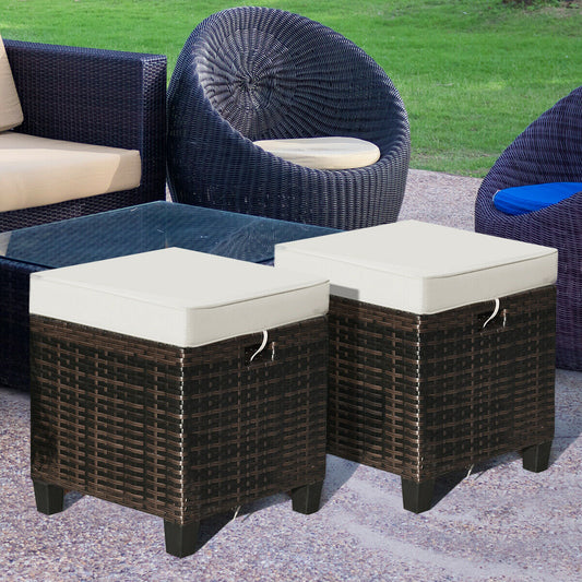 Set of 2 Outdoor Rattan Ottoman Chair Seat with Padded Cushions-Khaki