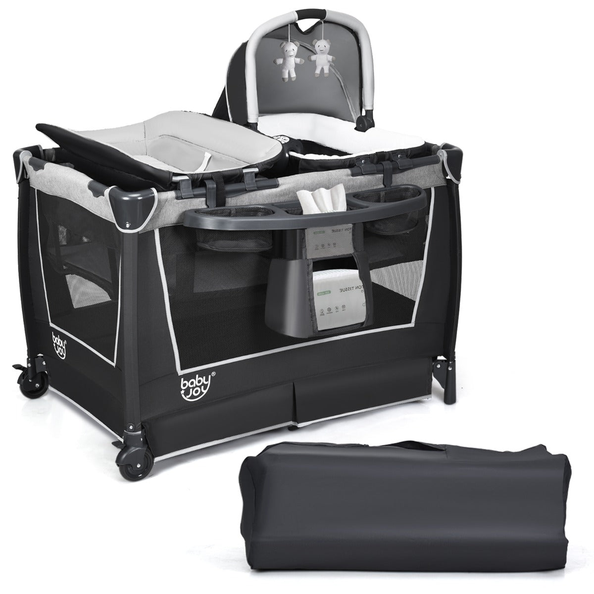 Travel Cot / Playpen with Removable Bassinet-Grey
