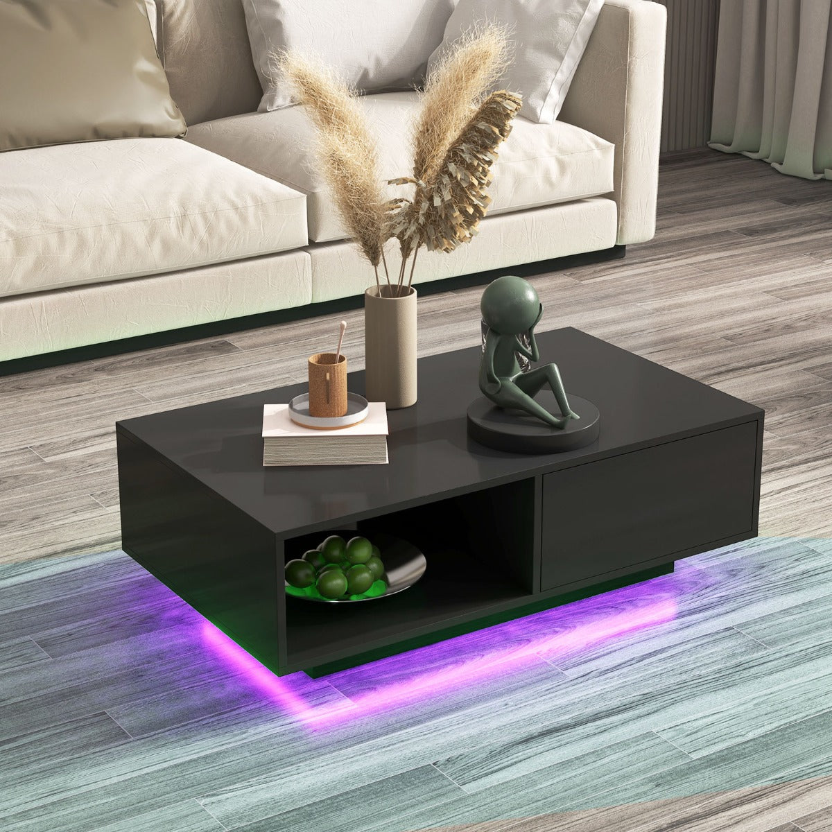 LED Coffee Table with 20 RGB Light Colors and Storage Shelf-Black