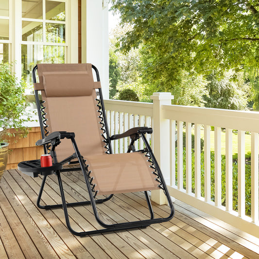 Folding Patio Recliners with Removable Headrest and Cup Holder-Beige