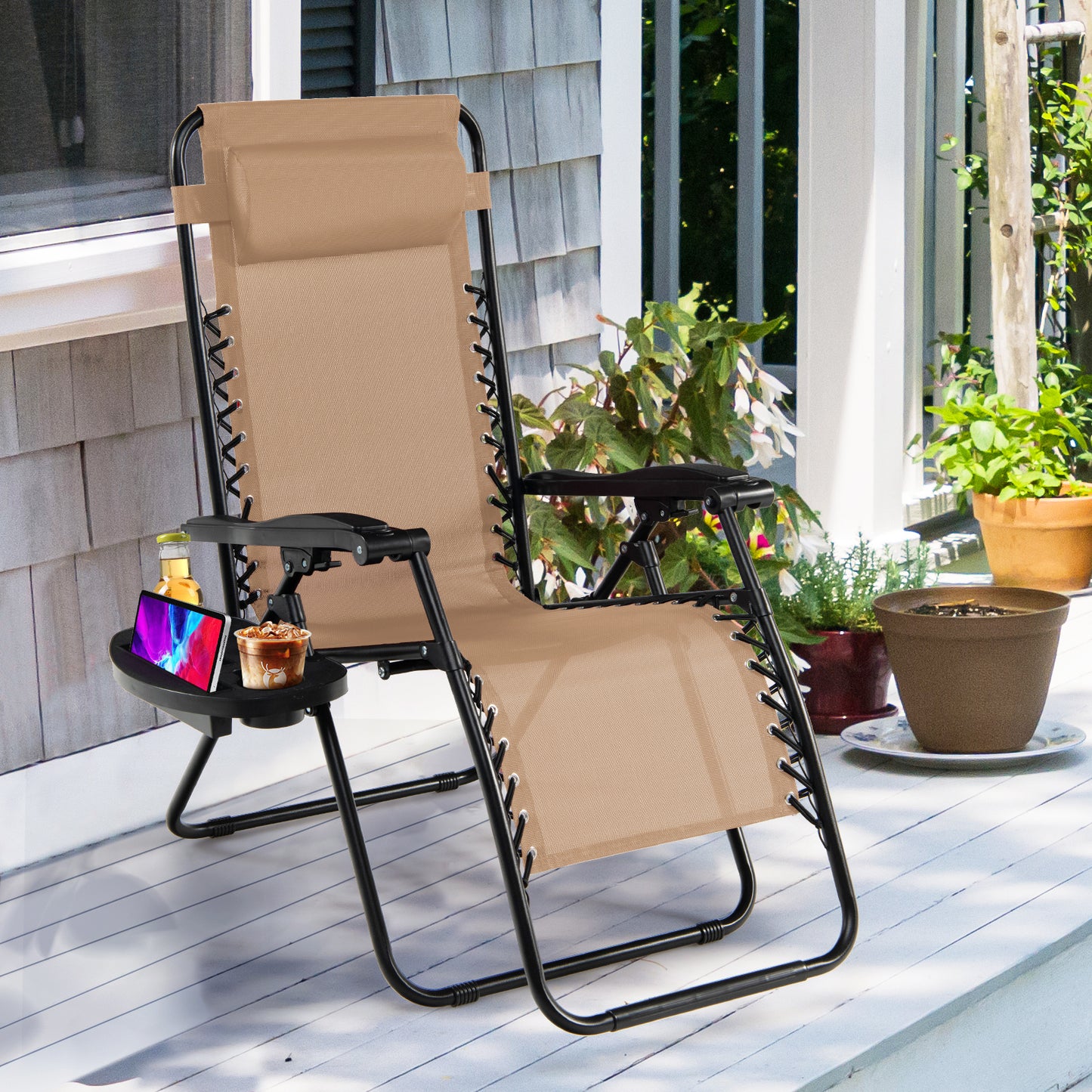 Folding Patio Recliners with Removable Headrest and Cup Holder-Beige