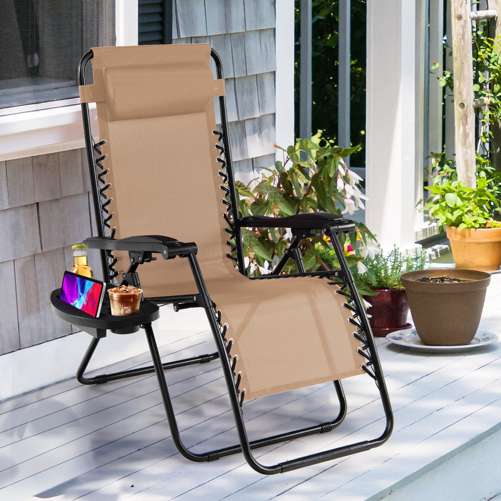 Folding Patio Recliners with Removable Headrest and Cup Holder-Beige