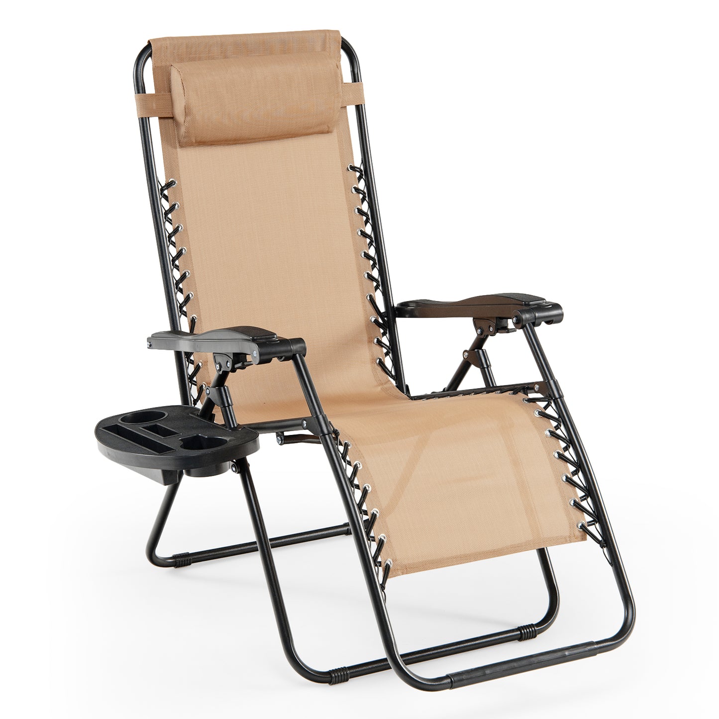 Folding Patio Recliners with Removable Headrest and Cup Holder-Beige